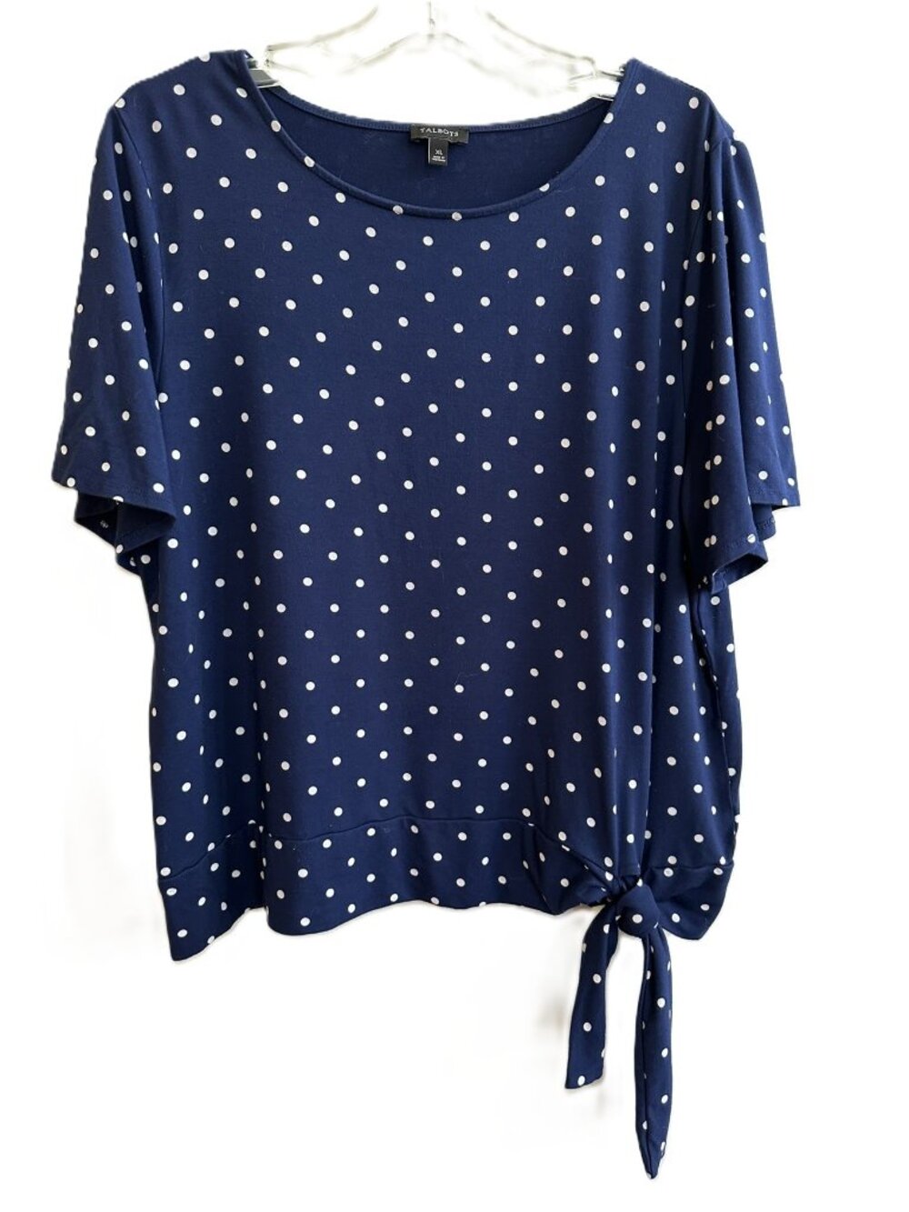 Talbots Polka Dot Shirt Navy White Short Sleeve Tie-Front Size XL Safari Dot Top